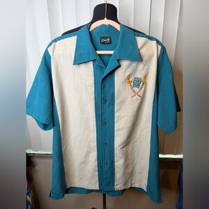 Steady Clothing Tropical Itch bowling shirt teal cream tiki torch Size Large